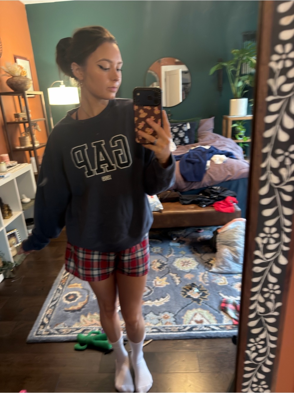 GAP Navy Logo Sweatshirt with Red Plaid Lounge Shorts